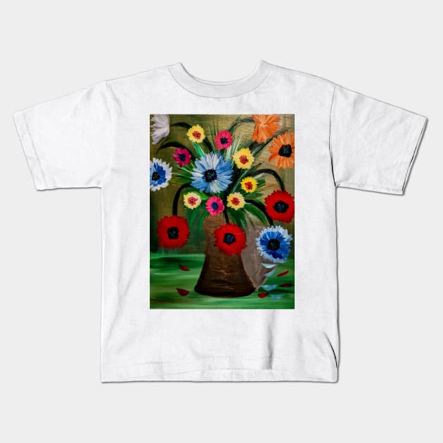 bouquet of flowers in a metallic gold and silver vase Kids T-Shirt by kkartwork